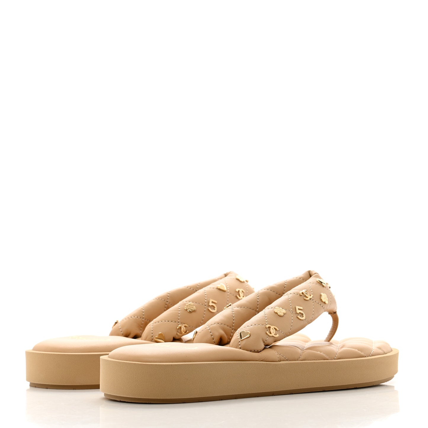 Lambskin Quilted Padded Charms Thong Sandals 38 Beige