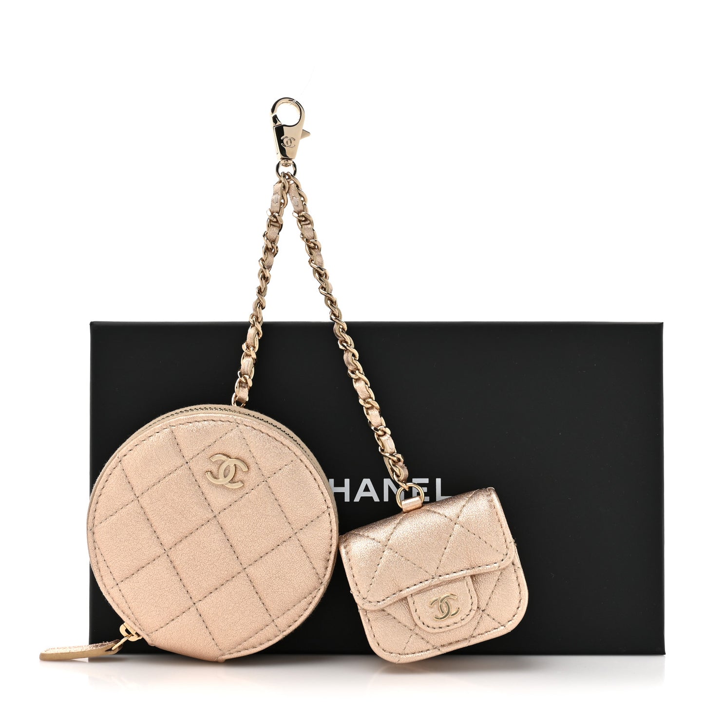 Metallic Lambskin Quilted Round Clip On Coin Purse Airpods Case Gold