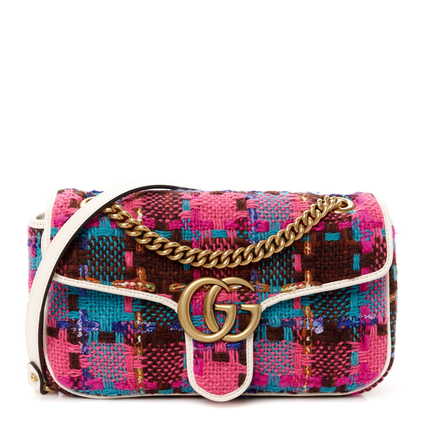 Tweed Calfskin Spicy Check Small GG Marmont Shoulder Bag Pink Multicolor Mystic White