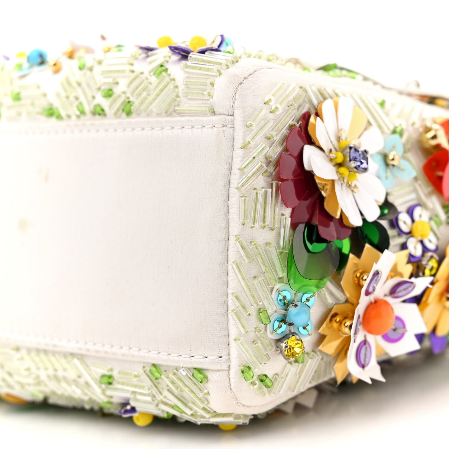 Satin Beaded Floral Embroidered Mini Lady Dior White Multicolor