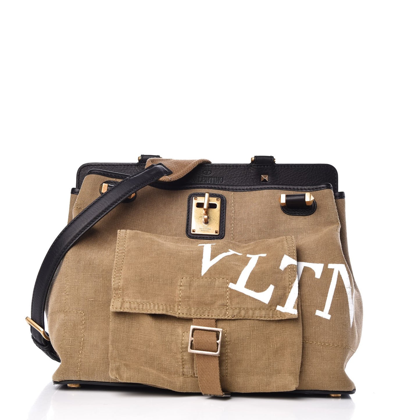 Calfskin Cotton Canvas VLTN Print Medium Joylock Satchel Green