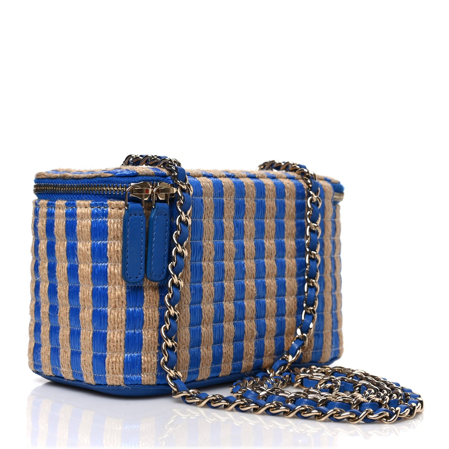 Raffia Jute Striped Small Vanity Case With Chain Blue Beige