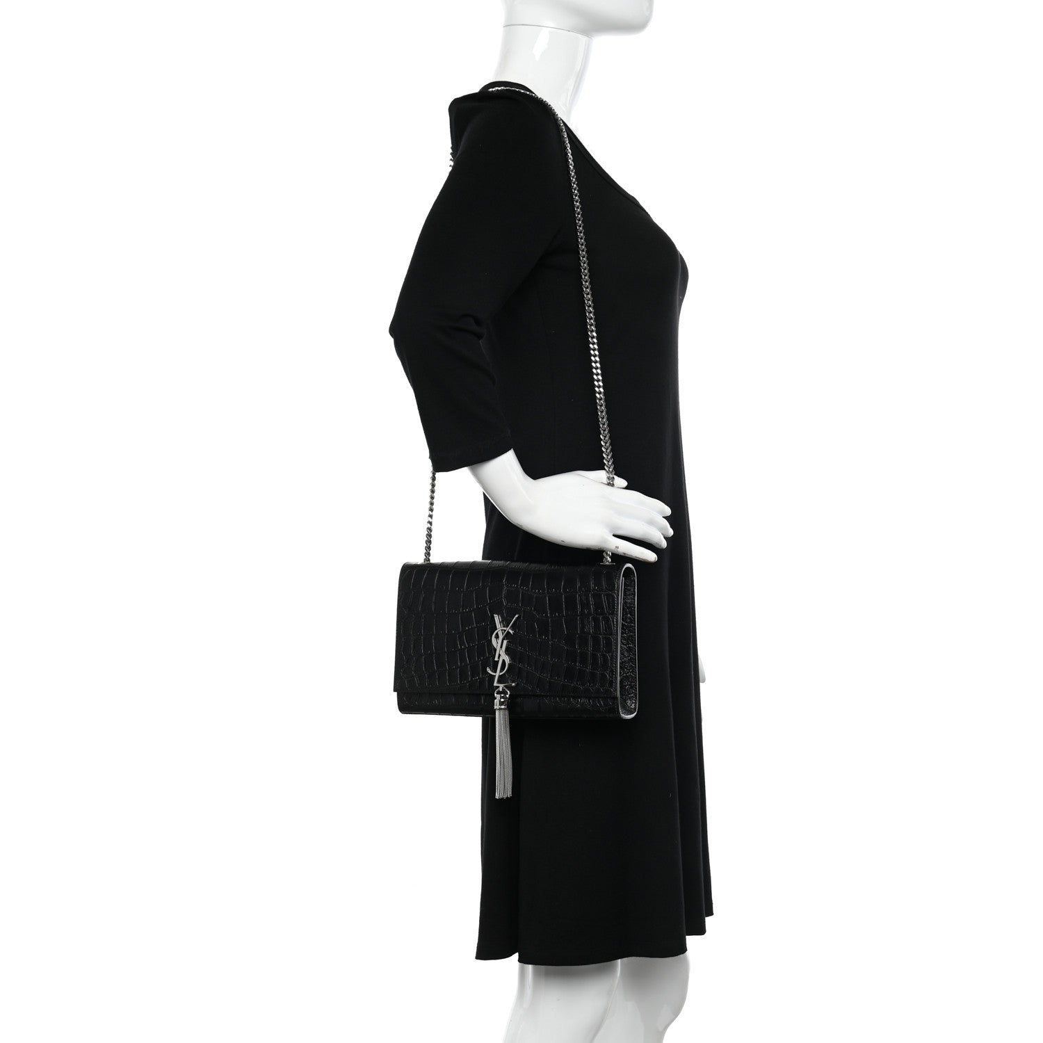 Saint Laurent Calfskin Crocodile Embossed Medium Classic Monogram Kate Tassel Satchel Black 2 of 10