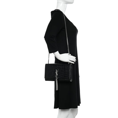 Saint Laurent Calfskin Crocodile Embossed Medium Classic Monogram Kate Tassel Satchel Black 2 of 10