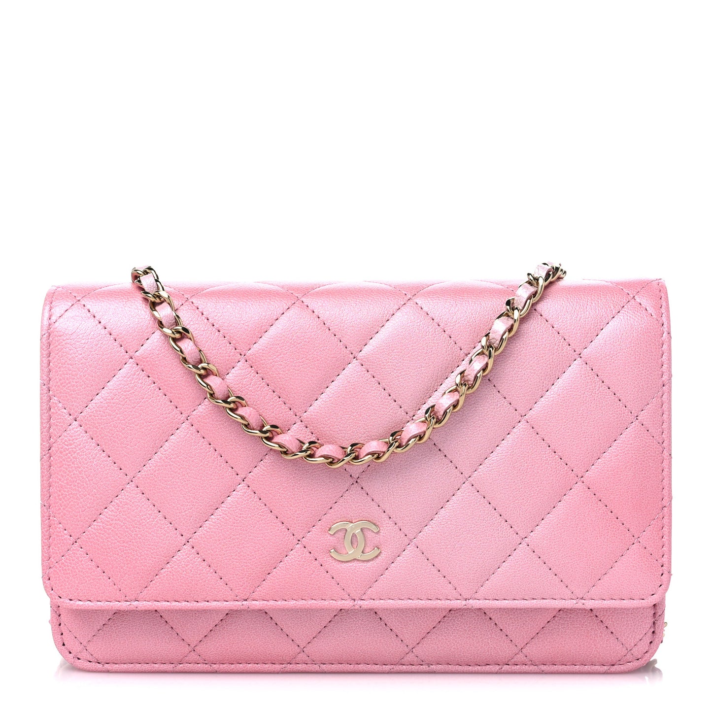 Iridescent Caviar Quilted Wallet on Chain WOC Rose Pink