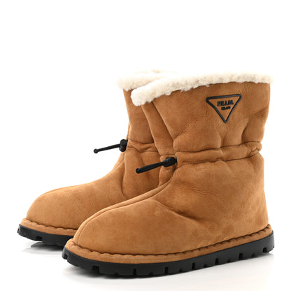 Prada Shearling Triangle Logo Drawcord 20mm Ankle Boots 40 Cognac 3 of 8