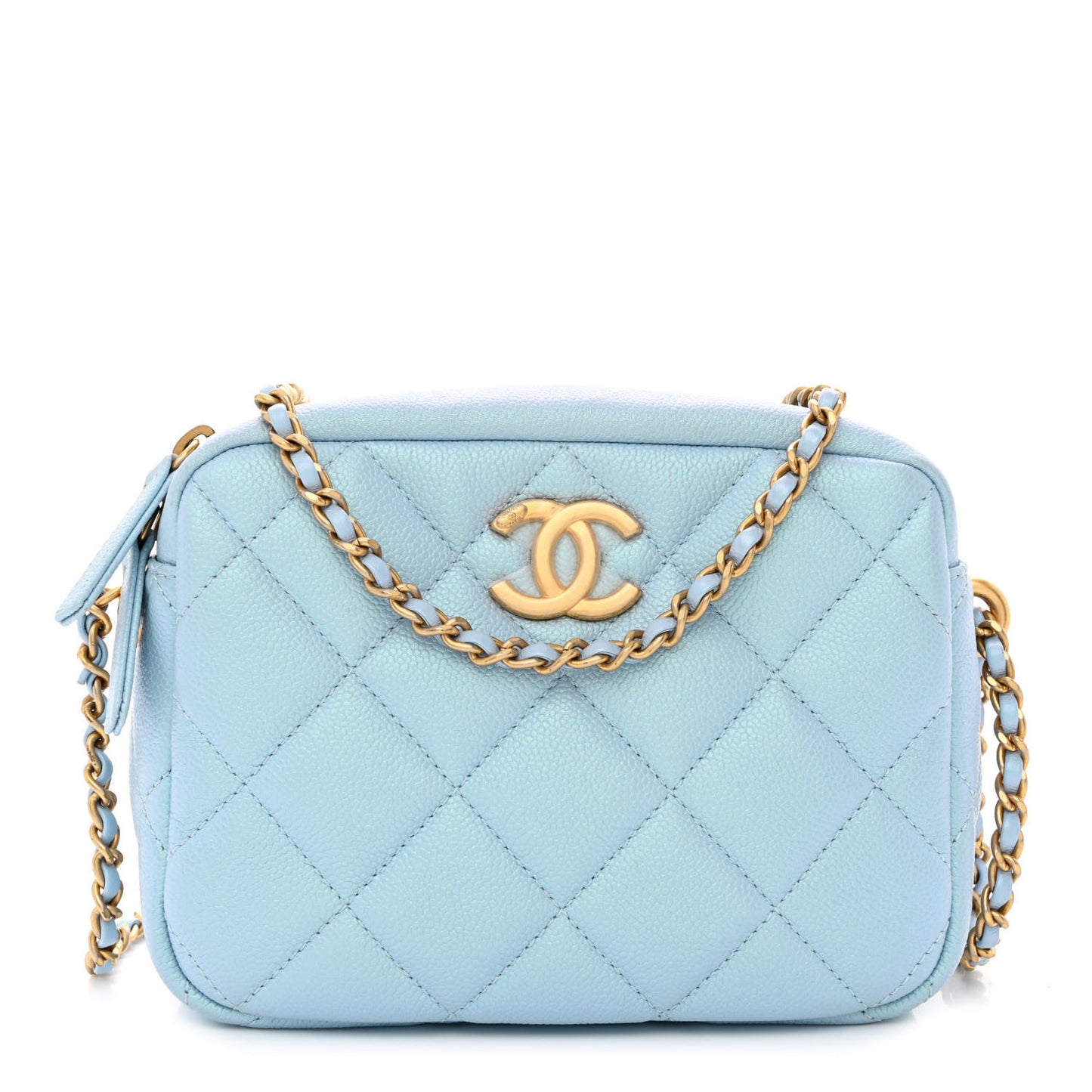 Iridescent Caviar Quilted Mini My Perfect Camera Case Light Blue