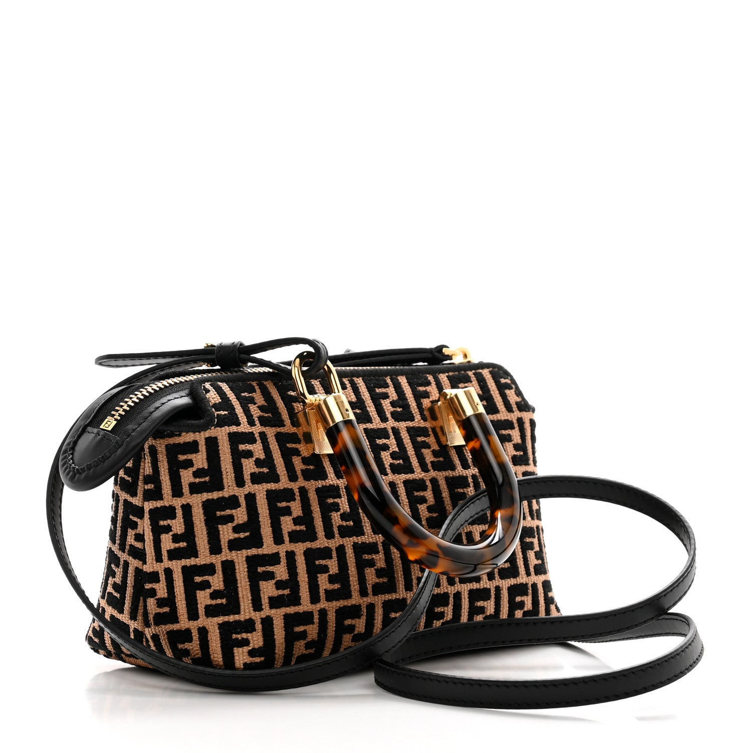 Fendi Raffia Chenille Vitello King Plexiglass Micro FF Mini By The Way Top Handle Boston Bag Naturale Black 3 of 9