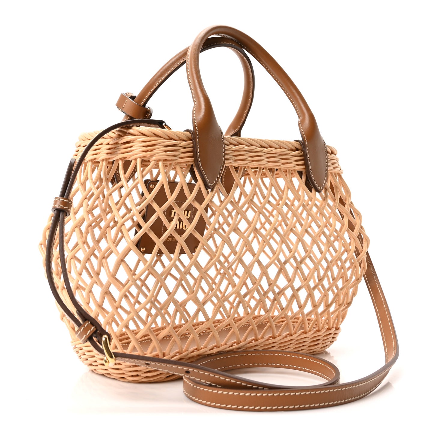 Woven Fabric Calfskin Logo Basket Bag Naturale Caramel