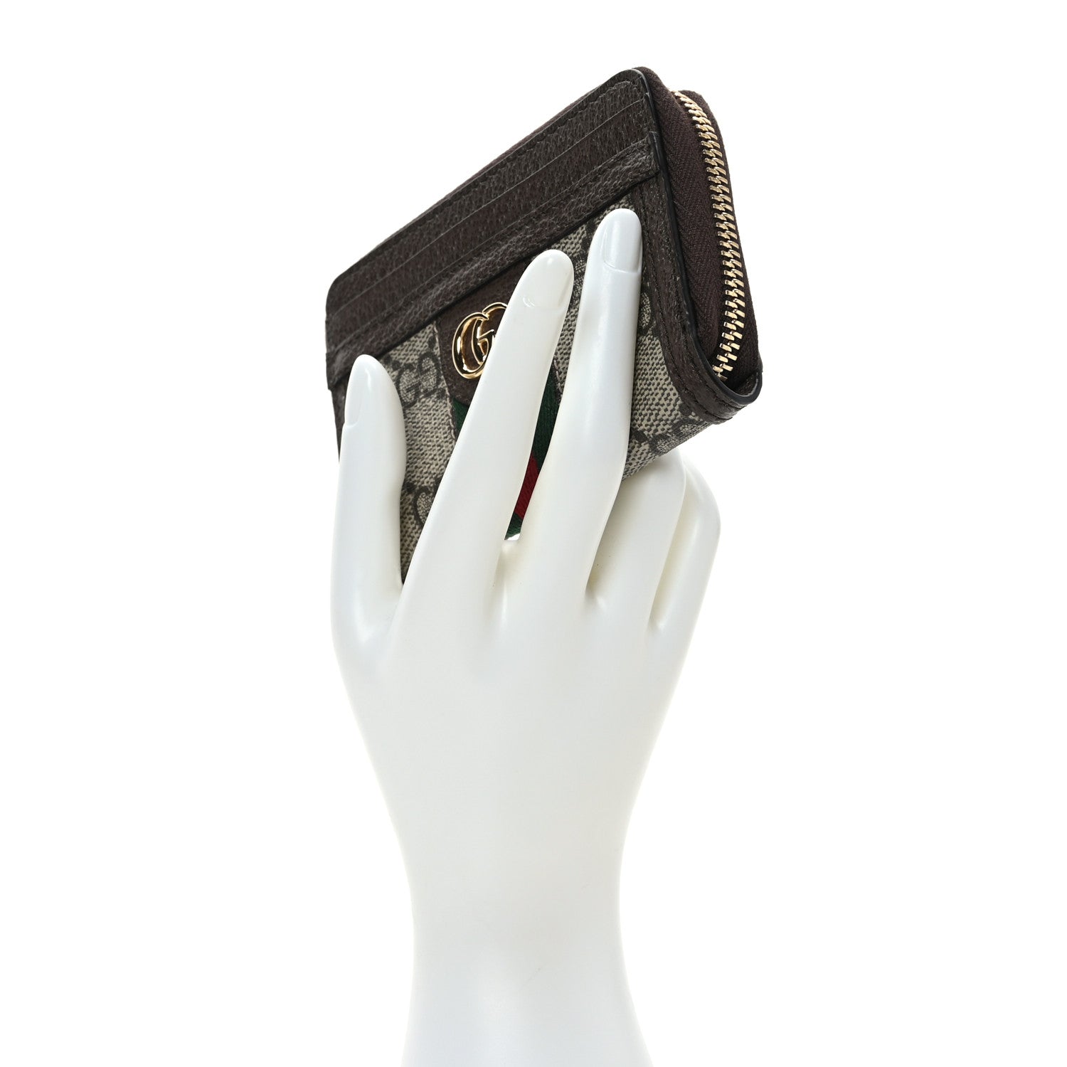 Gucci GG Supreme Monogram Textured Dollar Calfskin Web Ophidia Zip Around Card Case Wallet Beige Ebony New Acero 2 of 6