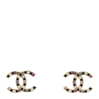 Chanel Crystal Enamel Large CC Earrings Gold Black White Pink 1 of 4