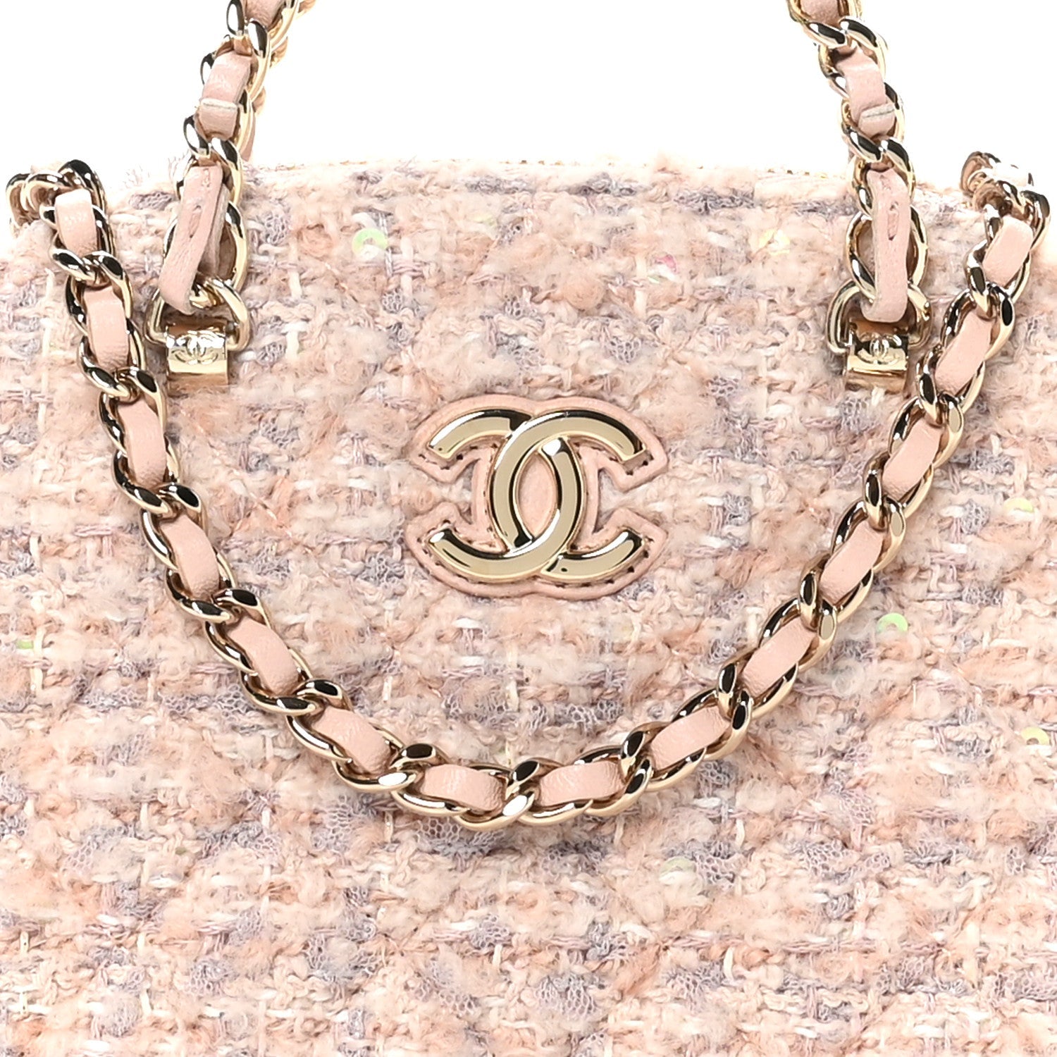 Chanel Cotton Wool Tweed Sequin Quilted Shiny Coco Clutch With Chain Light Pink Beige Ecru 8 of 11