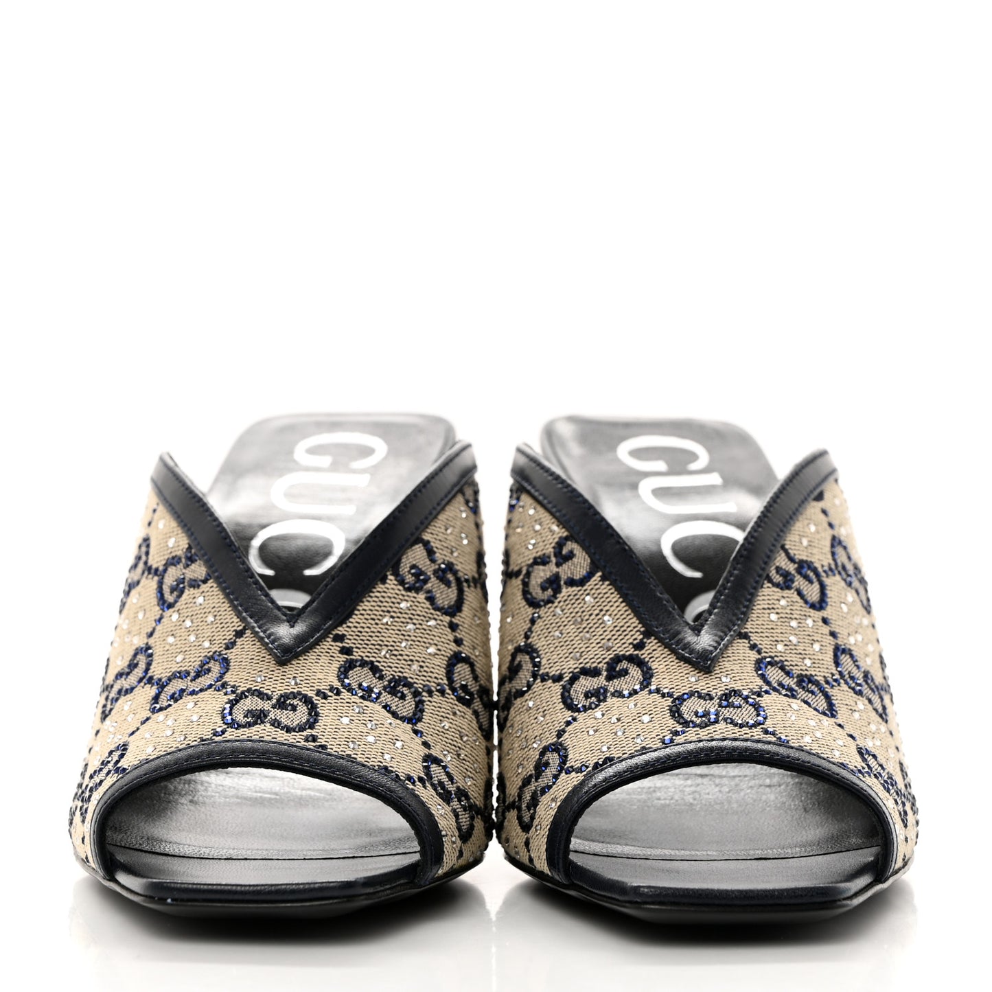 New Canvas Malaga Kid Crystal GG Monogram Square G 95mm Slide Sandals 36 Beige Blue