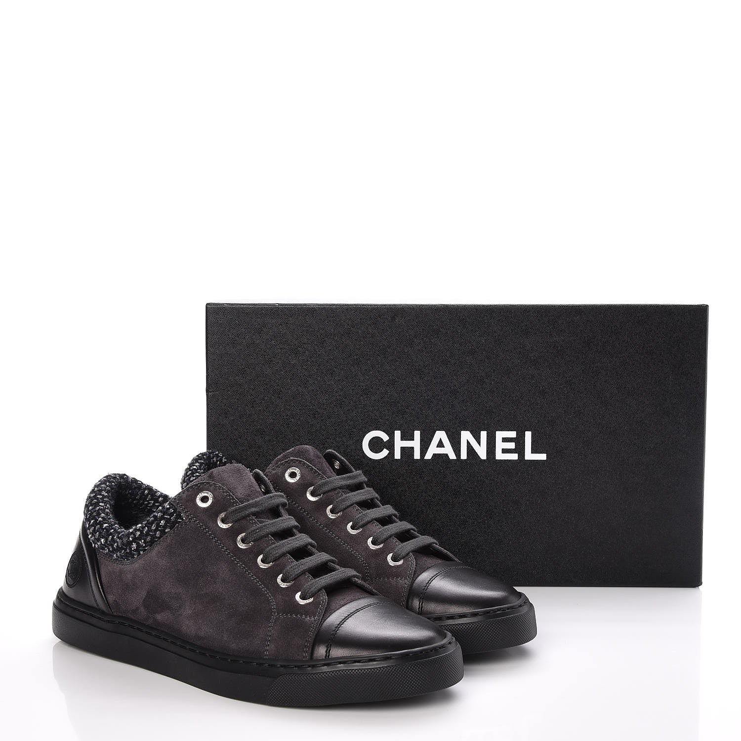 Chanel Suede Calfskin Tweed Low Top Sneakers 37 Dark Grey 9 of 9