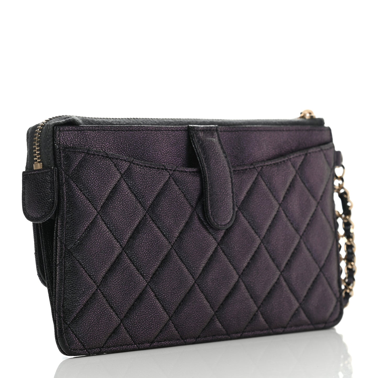 Iridescent Caviar Quilted Classic Pouch With Handle Black