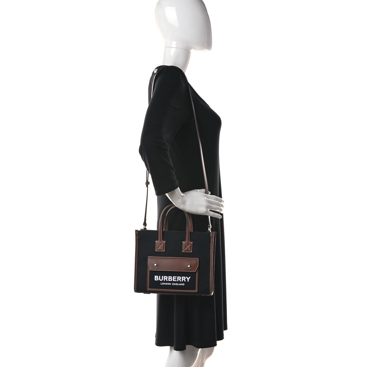 Burberry Canvas Smooth Calfskin Mini Two Tone Freya Tote Black Tan 2 of 11