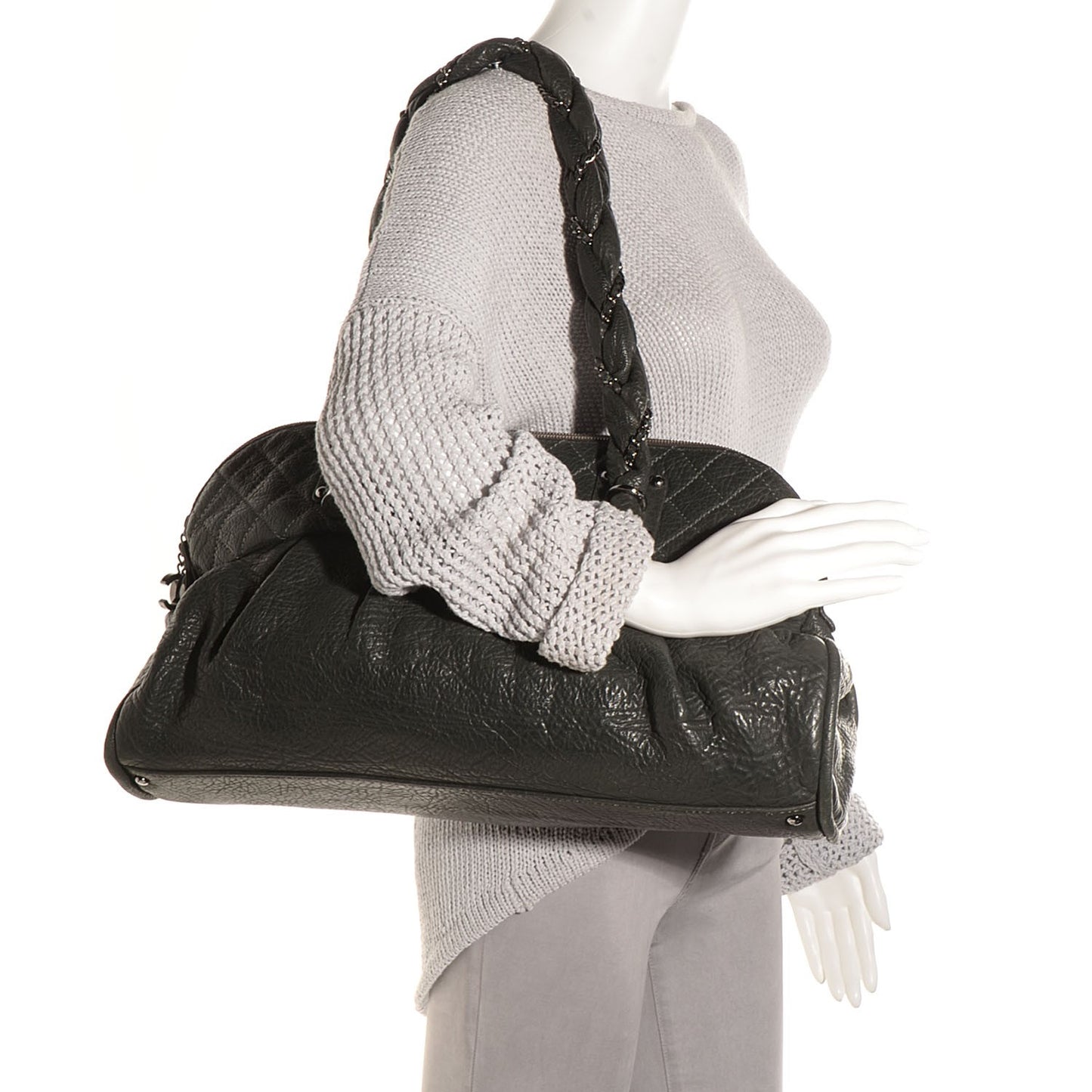 Distressed Lambskin Lady Braid Large Satchel Dark Grey