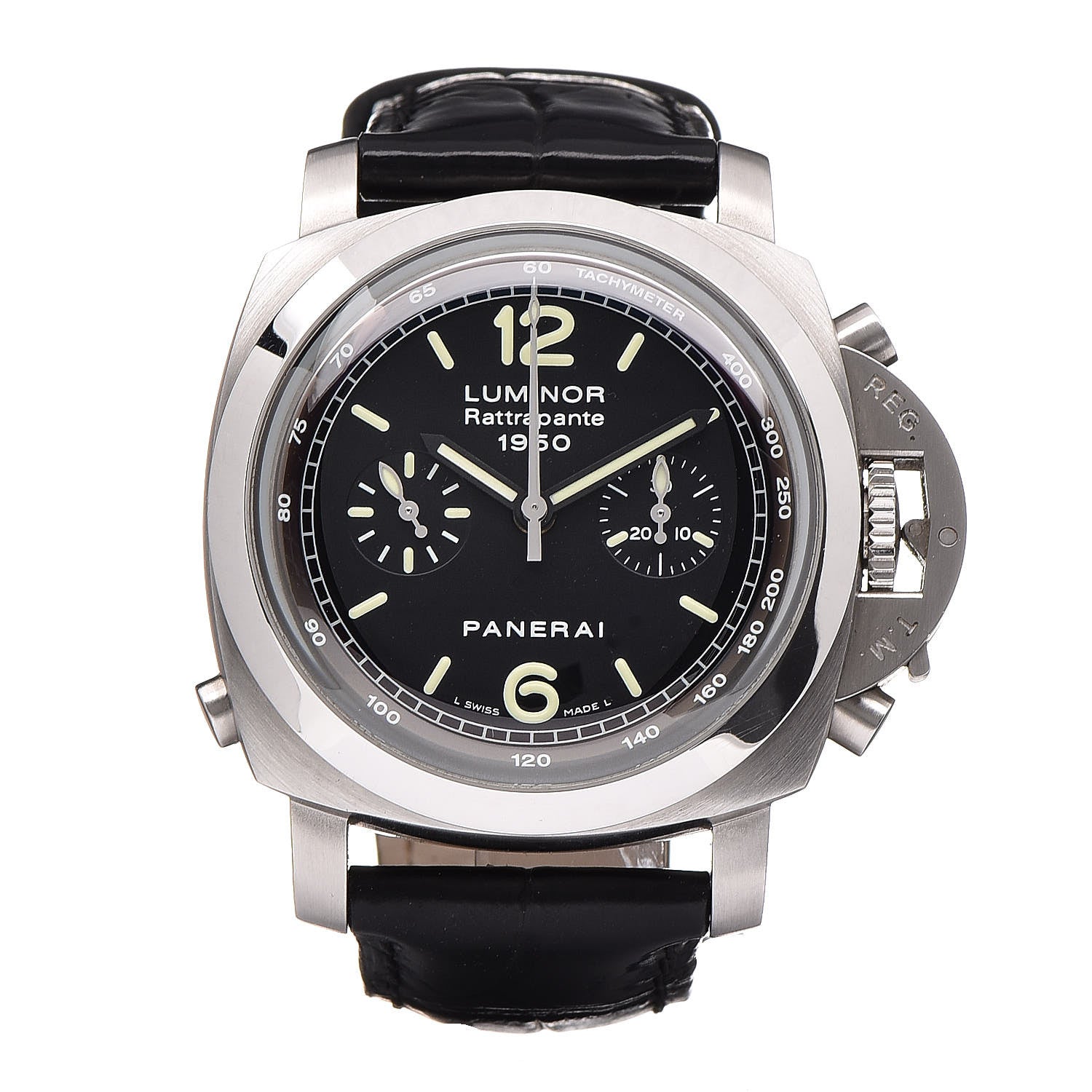Panerai Stainless Steel Alligator 44mm Luminor Rattrapante 1950 Automatic Watch Black PAM00213 1 of 17