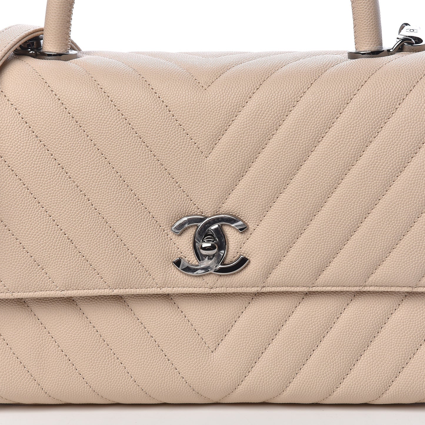 Caviar Chevron Quilted Small Coco Handle Flap Beige