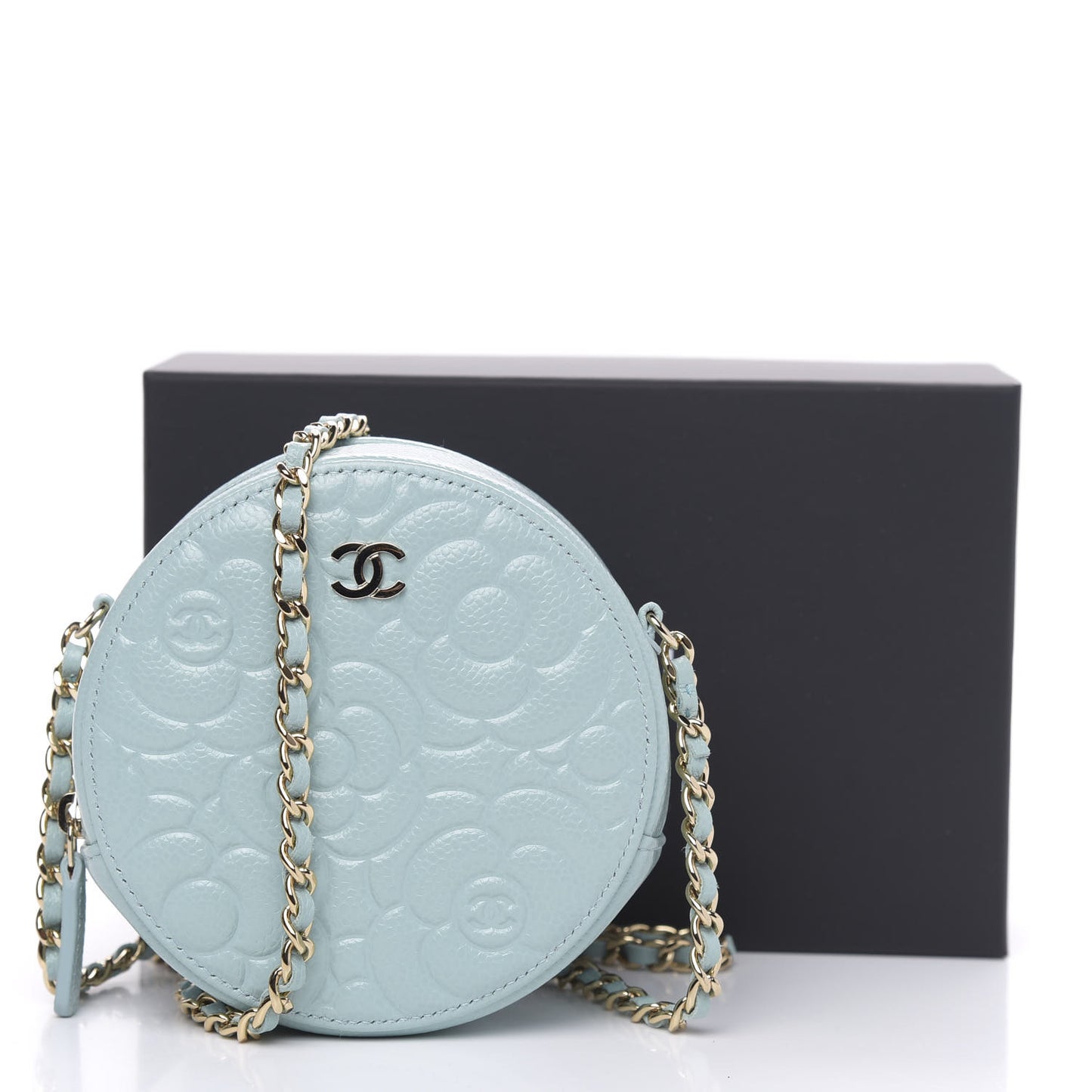 Caviar Camellia Embossed Round Clutch With Chain Light Blue