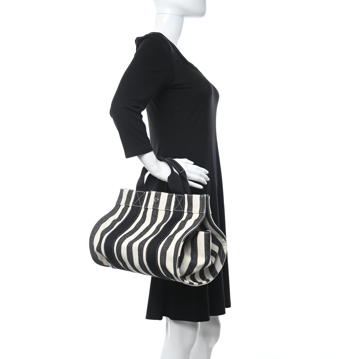 Hermes Canvas Striped Cannes Beach Bag PM Nacre Black 2 of 9