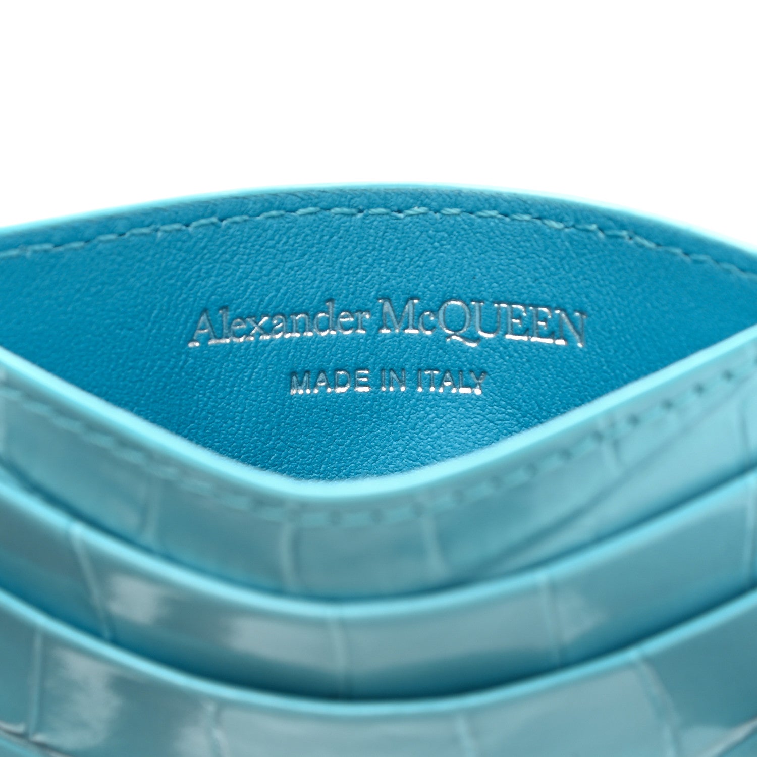 Alexander McQueen Calfskin Crocodile Embossed Skull Card Holder Cerulean 6 of 7