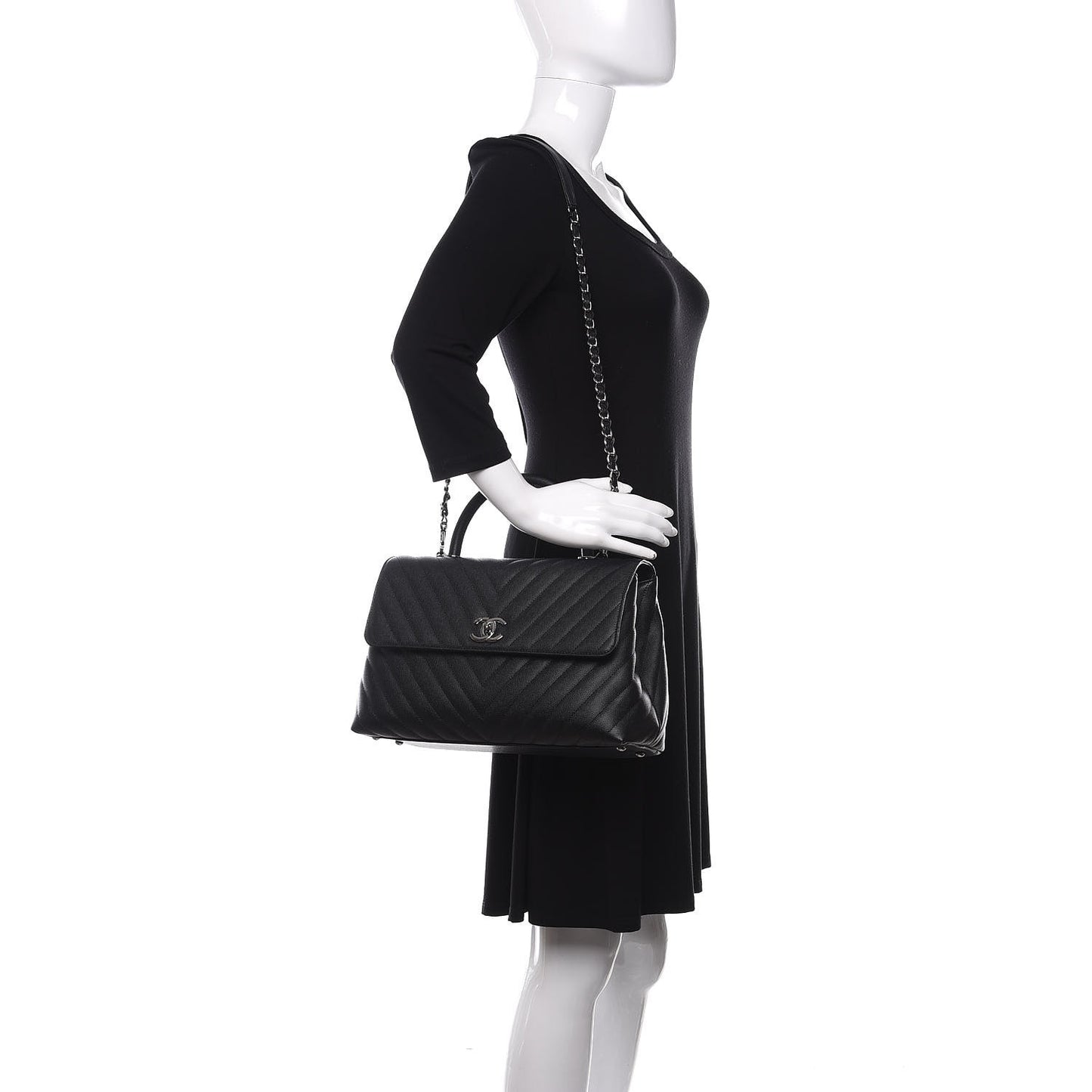 Caviar Chevron Quilted Medium Coco Handle Flap Black