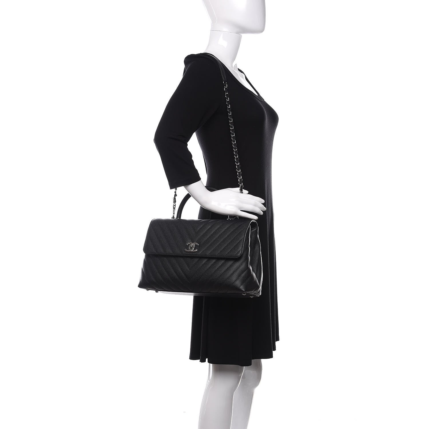 Chanel Caviar Chevron Quilted Medium Coco Handle Flap Black 4 of 13