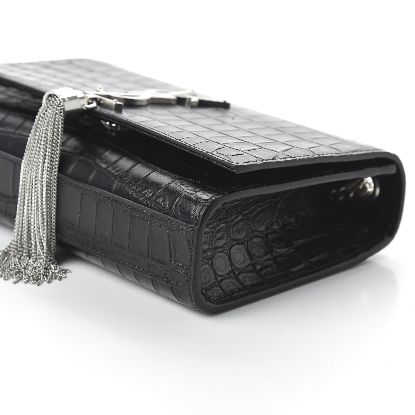 Calfskin Crocodile Embossed Small Classic Monogram Kate Tassel Satchel Black