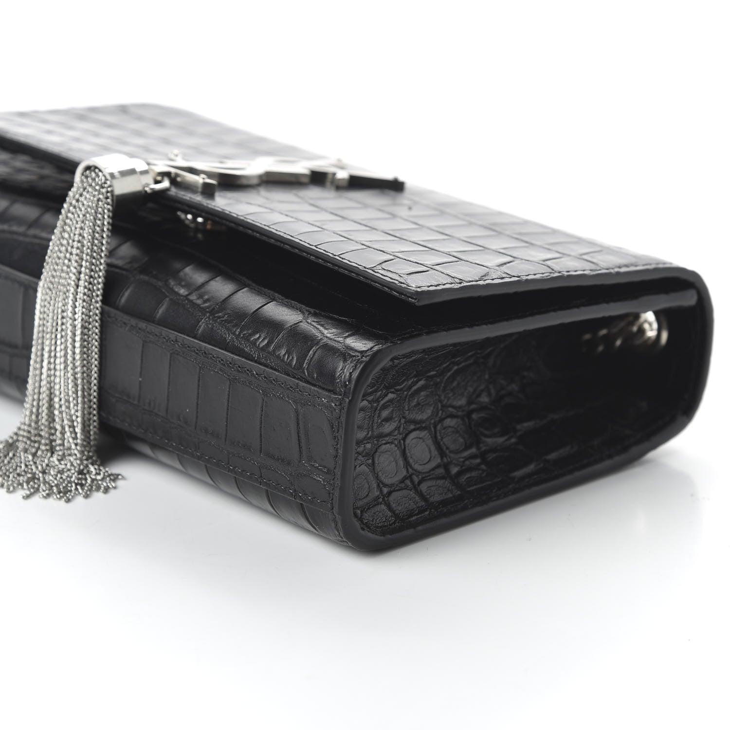 Saint Laurent Calfskin Crocodile Embossed Small Classic Monogram Kate Tassel Satchel Black 7 of 9