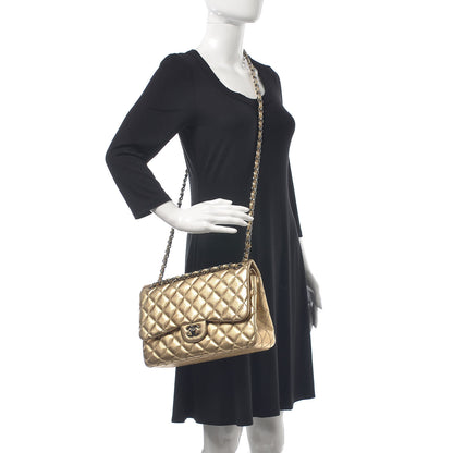 Chanel Metallic Washed Lambskin Quilted Jumbo Double Flap Dark Gold Black 3 of 12