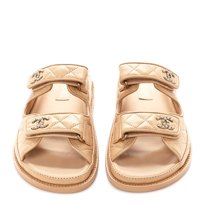 Chanel Lambskin Quilted Velcro Dad Chain CC Slide Sandals 38 Beige 2 of 10