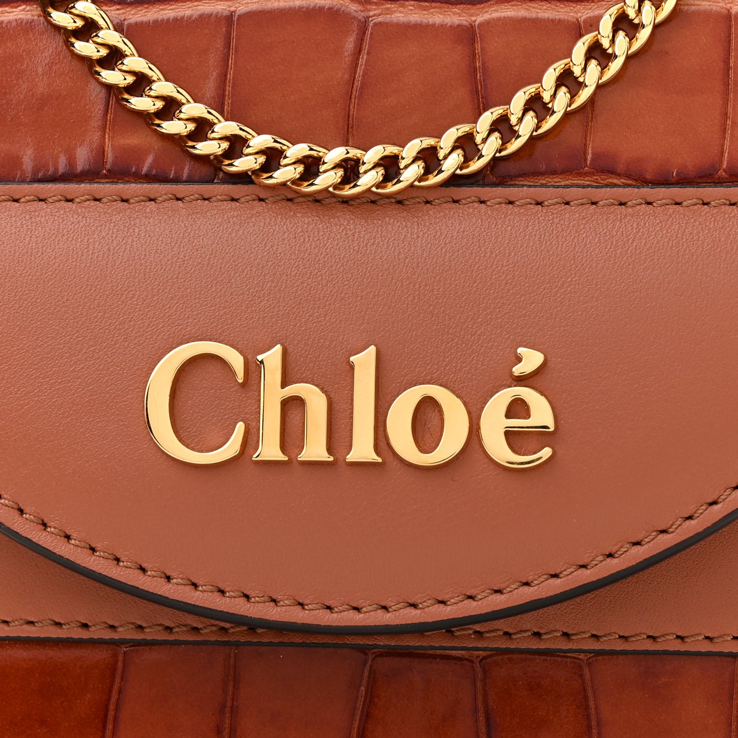 Calfskin Crocodile Embossed Small Aby Lock Chestnut Brown