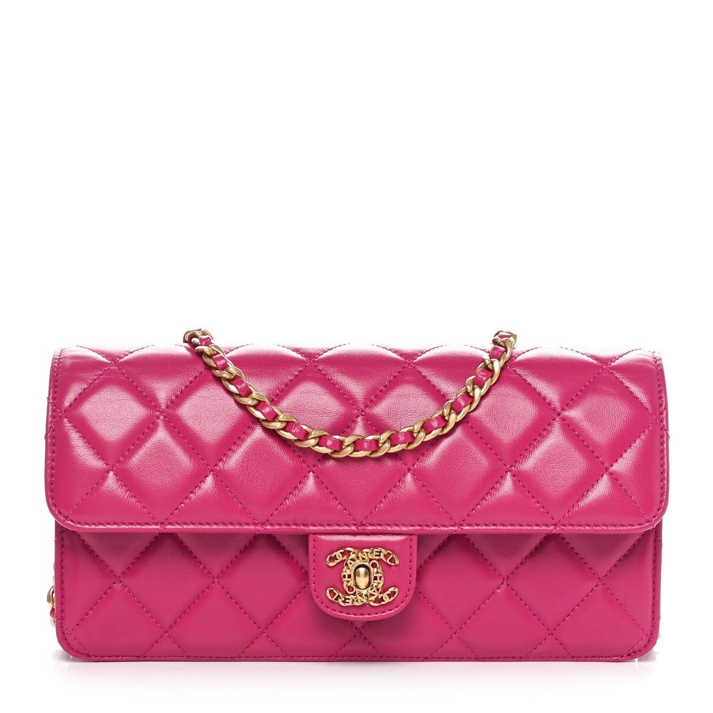 Shiny Lambskin Quilted Flap Clutch Bag Dark Pink
