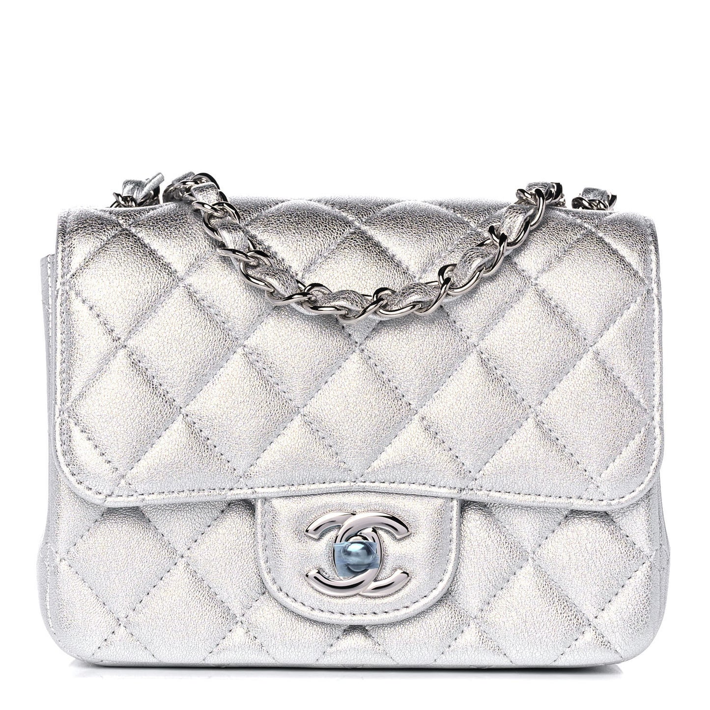 Metallic Lambskin Quilted Mini Square Flap Silver
