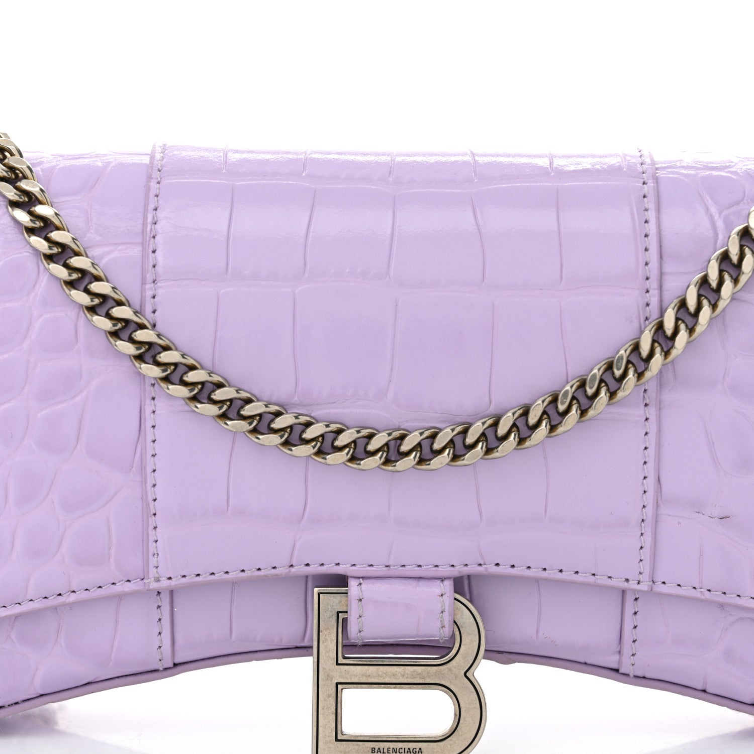 Balenciaga Shiny Calfskin Crocodile Embossed Hourglass Chain Bag Lilac 8 of 11