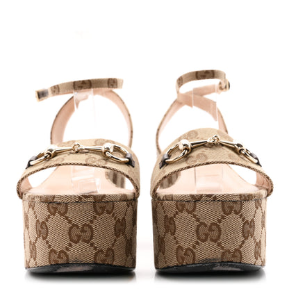 Gucci Monogram Nappa Chalotte Horsebit Ankle Strap 75mm Flatform Sandals 38 Beige Ebony 3 of 8