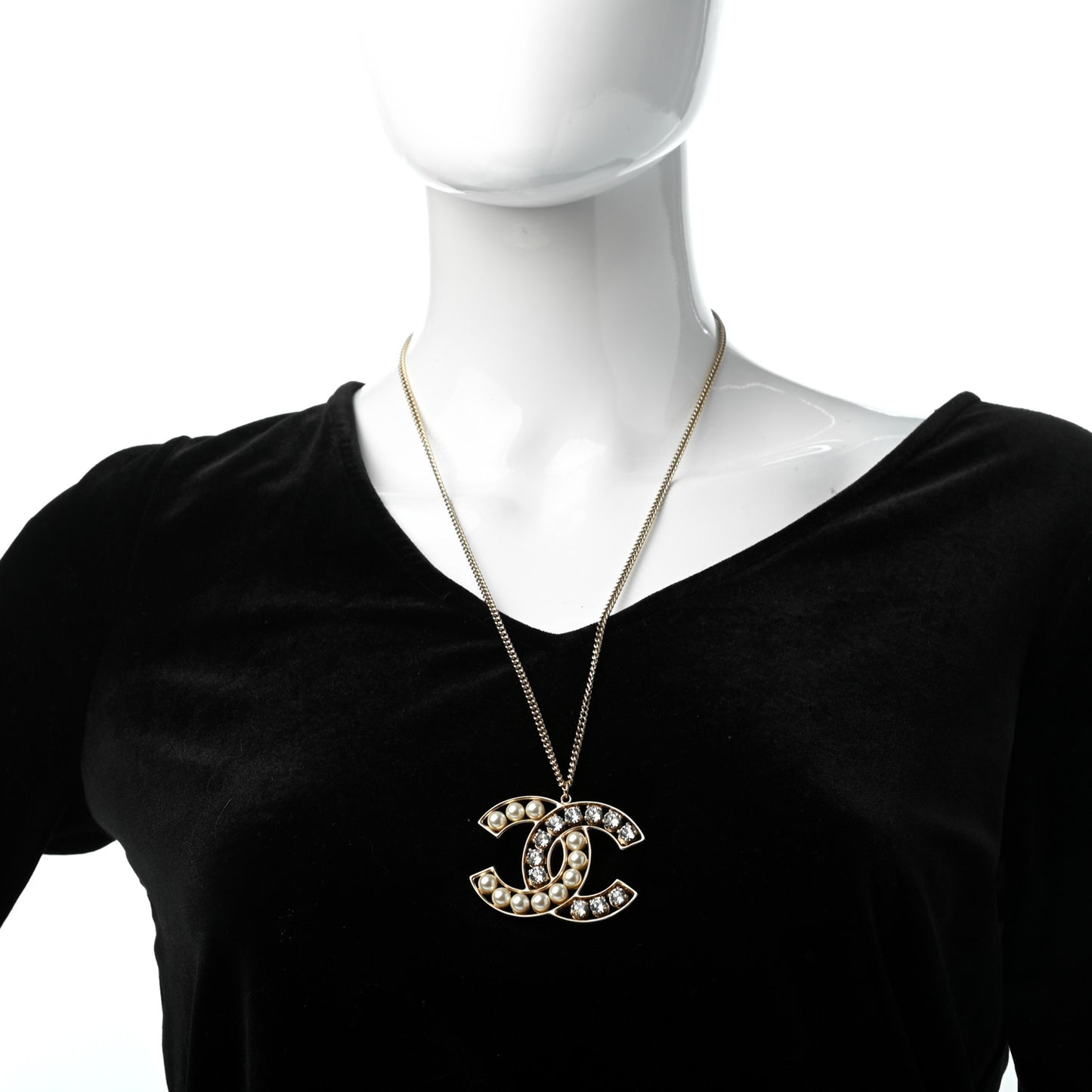 Pearl Crystal CC Pendant Necklace Gold