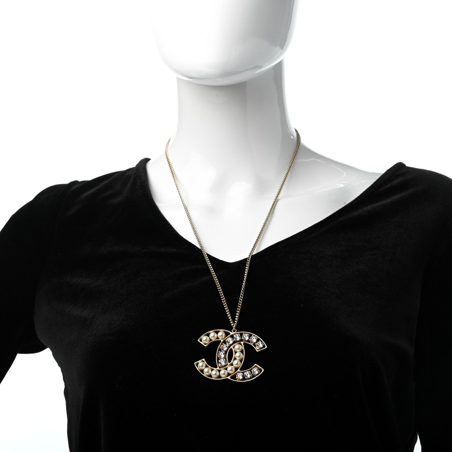 Chanel Pearl Crystal CC Pendant Necklace Gold 2 of 5