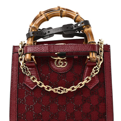 Gucci Moire Fabric Calfskin Rhinestone Monogram Monochrome Lizard Embossed Mini Diana Tote Bag Red 8 of 10
