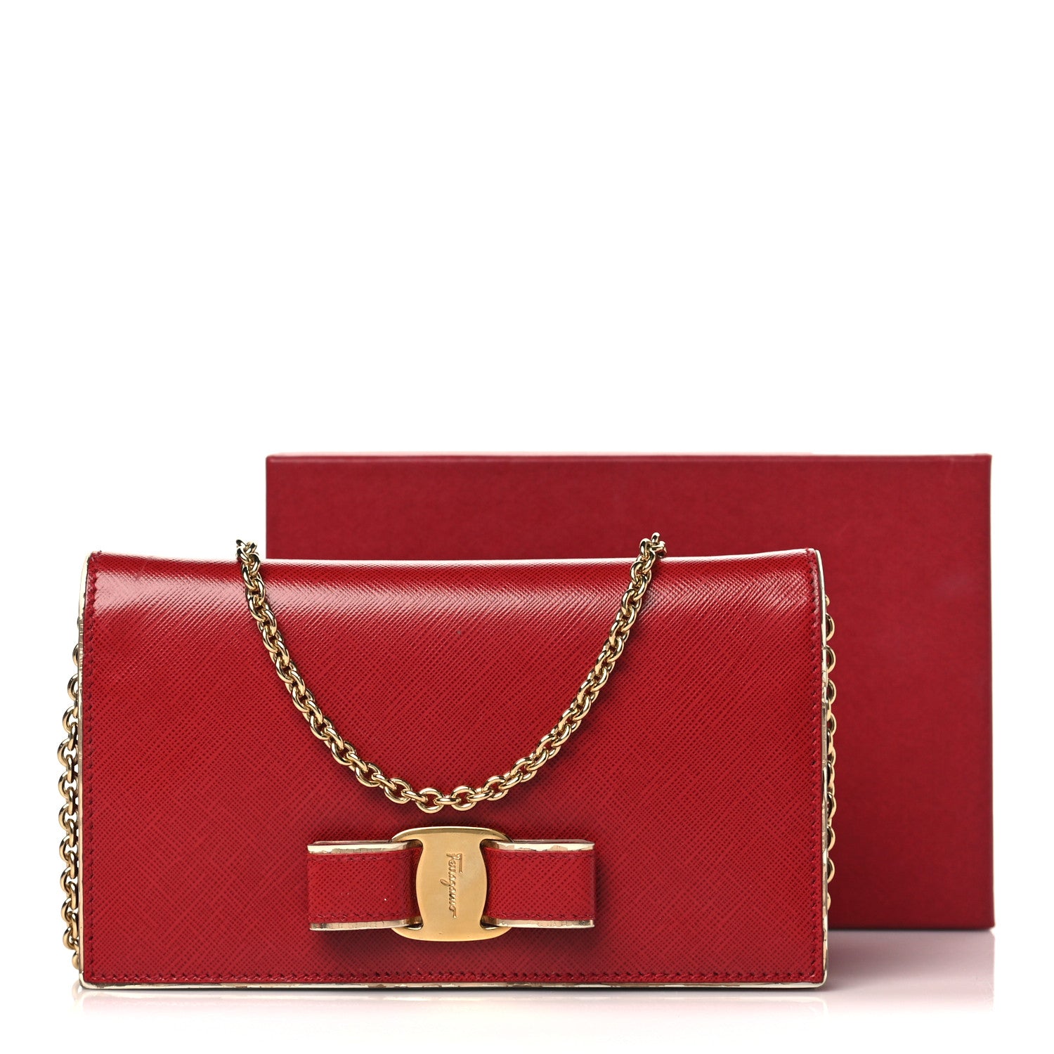 Salvatore Ferragamo Hammered Calfskin Vara Bow Chain Wallet Red 10 of 10