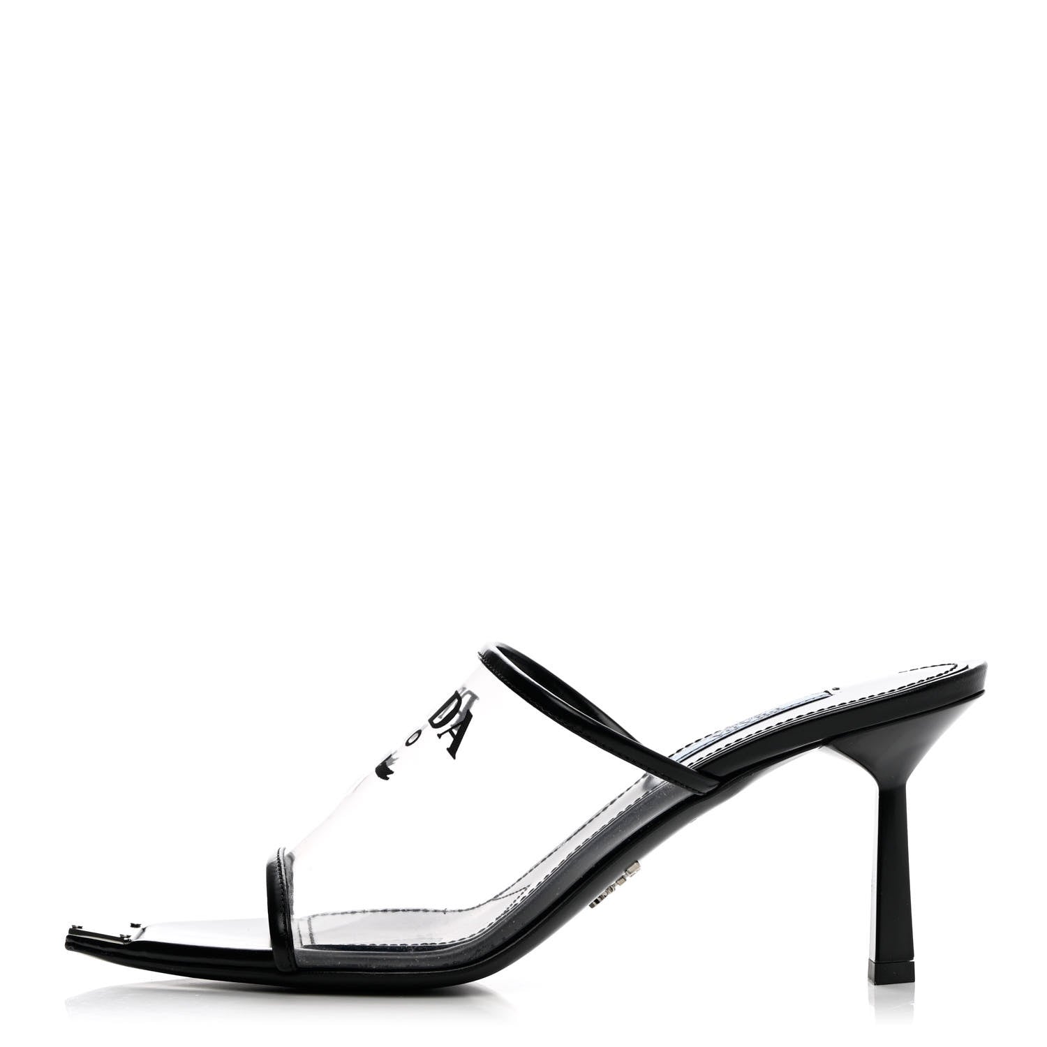 Prada Plexiglass Calfskin Metal Triangle Logo 75mm Slide Sandals 37.5 Black 1 of 12