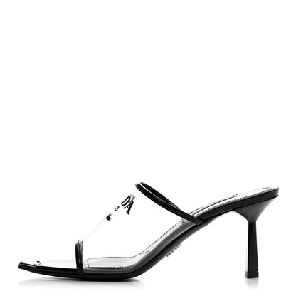 Prada Plexiglass Calfskin Metal Triangle Logo 75mm Slide Sandals 37.5 Black 1 of 12