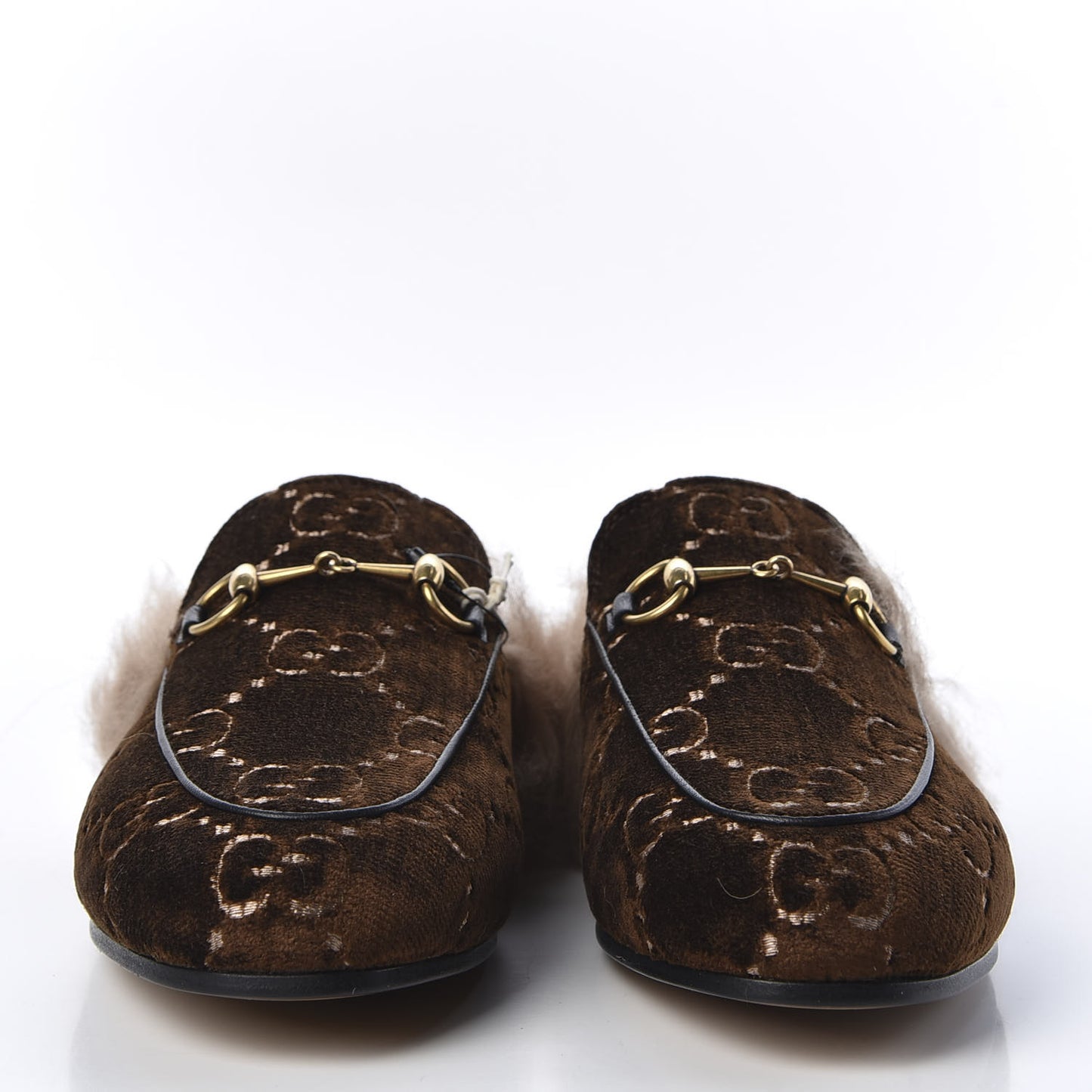 Velvet GG Monogram Fur Womens Princetown Slippers 37.5 Brown Black Natural