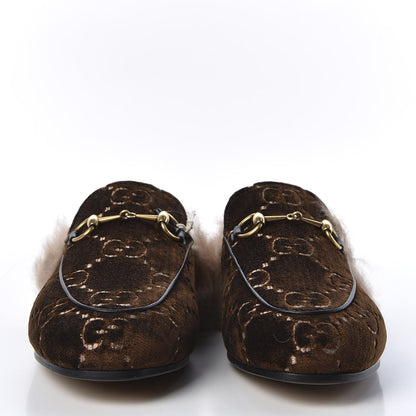 Gucci Velvet GG Monogram Fur Womens Princetown Slippers 37.5 Brown Black Natural 3 of 9