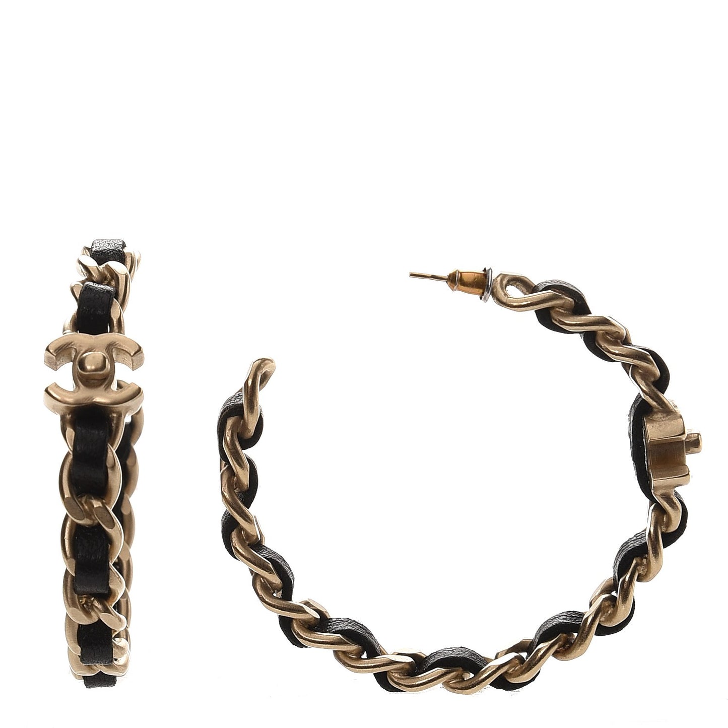 Lambskin CC Chain Hoop Earrings Black Gold