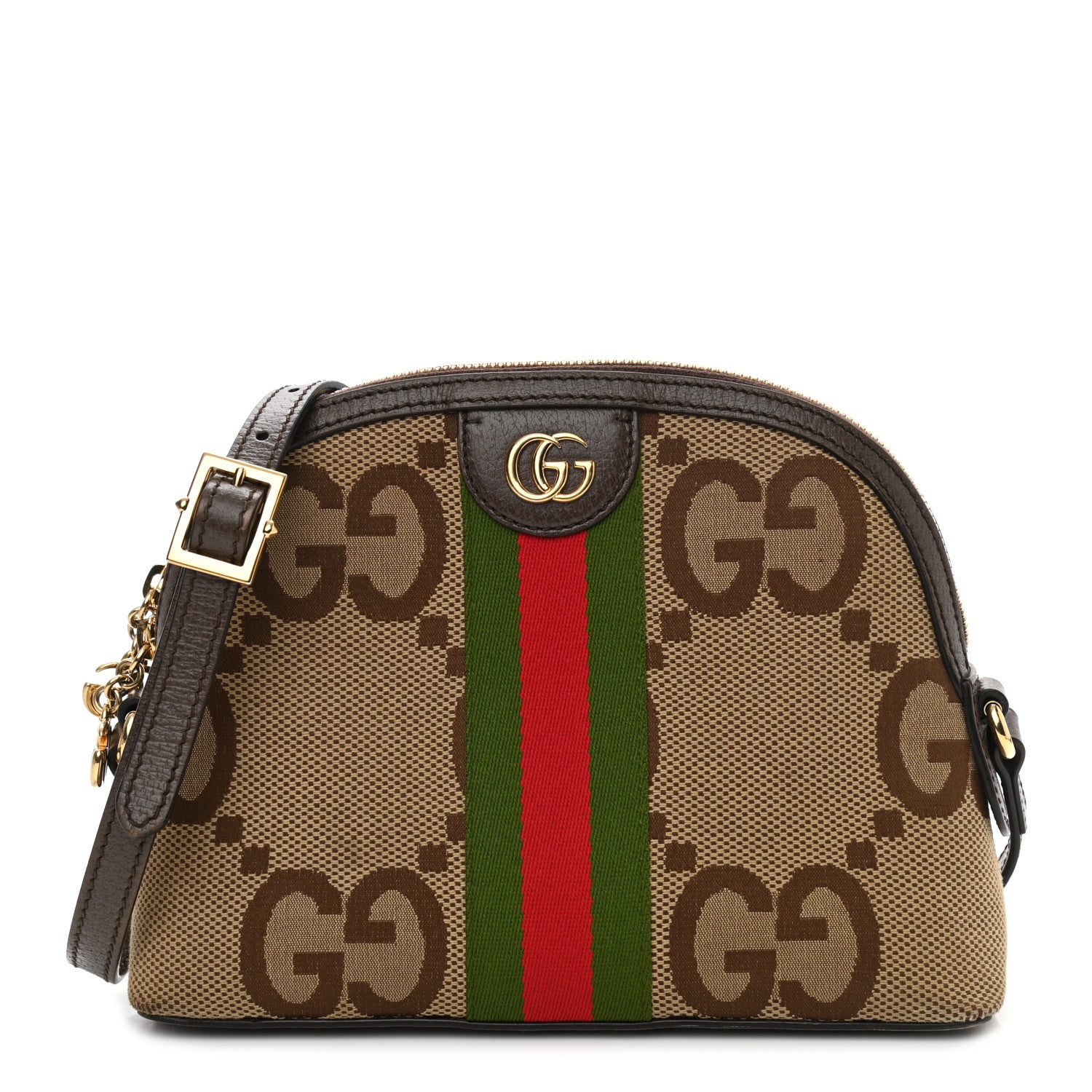 Gucci Monogram Jumbo GG Textured Dollar Calfskin Web Small Ophidia Dome Shoulder Bag Camel Ebony New Acero 1 of 9