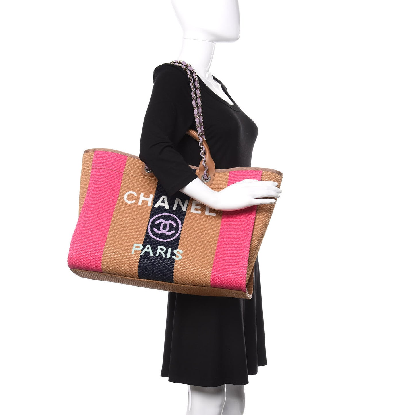Straw Raffia Calfskin Striped Large Deauville Tote Dark Beige Fuchsia Navy Blue