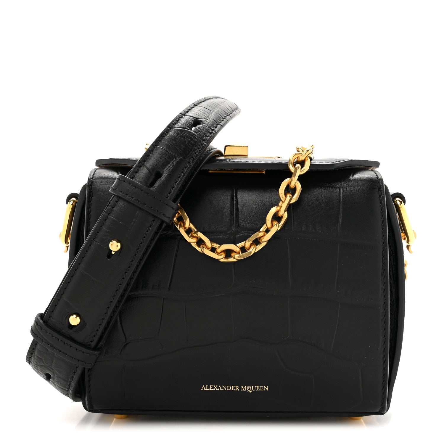 Alexander McQueen Calfskin Crocodile Embossed Box Shoulder Bag 19 Black 1 of 10