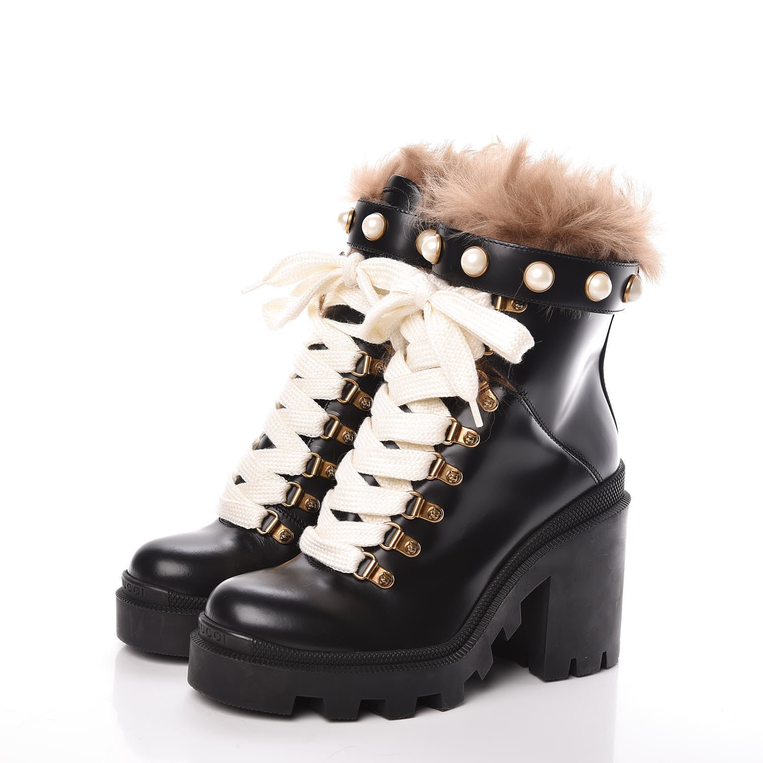 Gucci Magnum Calfskin Fur Pearl Lace Up Combat Ankle Boots 36 Black Naturale 3 of 7